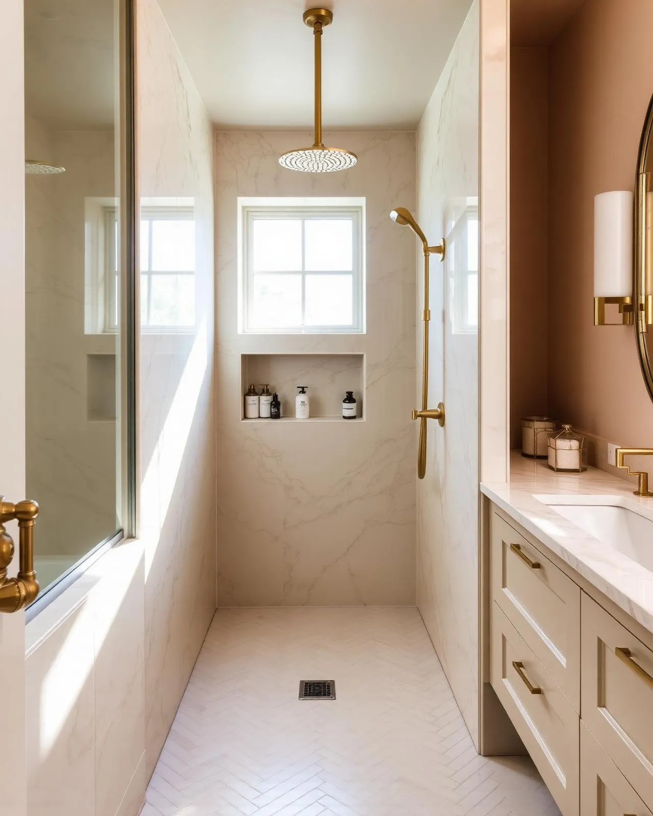 Marble walk-in shower with brass rainfall fixture