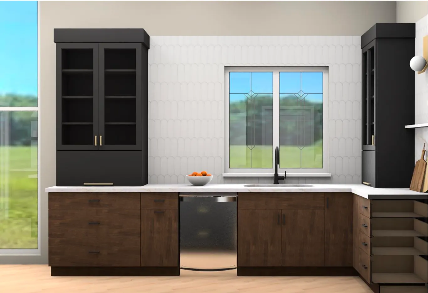 Concept rendering: sink wall with leaded glass window and walnut cabinetry