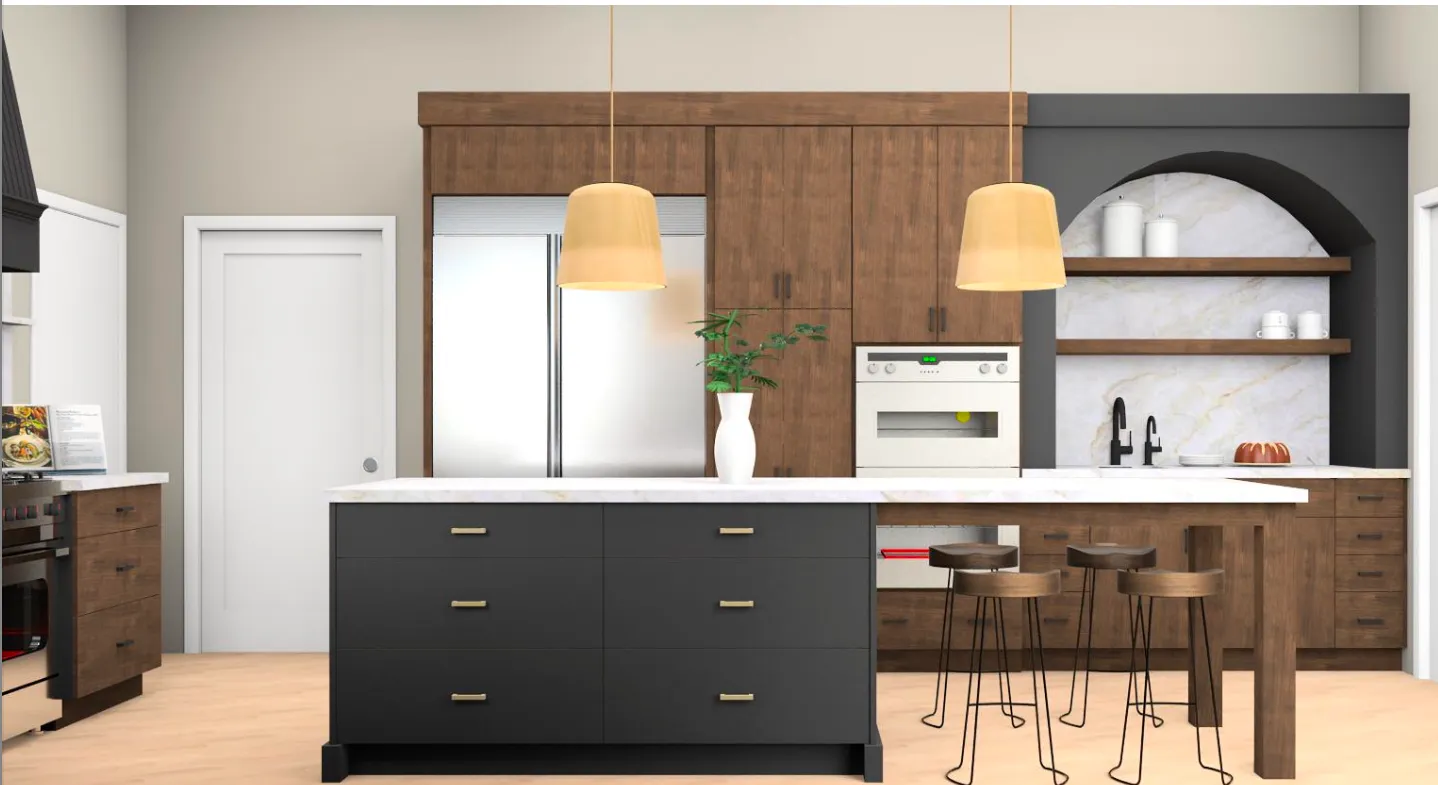 Concept rendering: wide kitchen view with pendants and arched feature